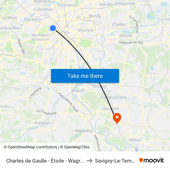 Charles de Gaulle - Étoile - Wagram to Savigny-Le-Temple map
