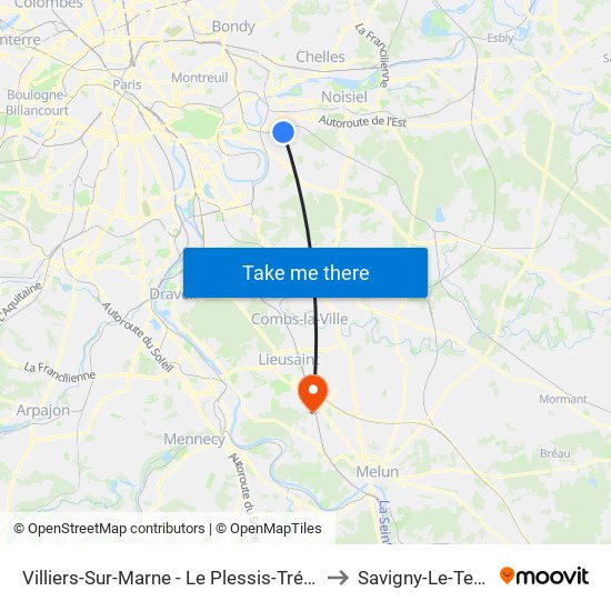 Villiers-Sur-Marne - Le Plessis-Trévise RER to Savigny-Le-Temple map