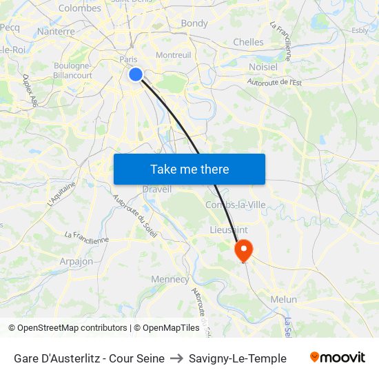 Gare D'Austerlitz - Cour Seine to Savigny-Le-Temple map