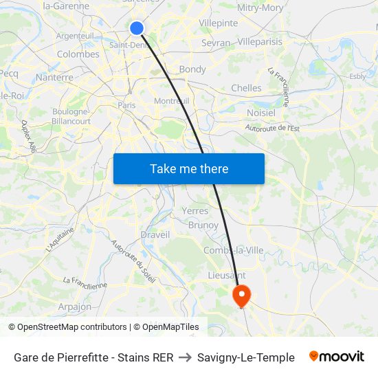 Gare de Pierrefitte - Stains RER to Savigny-Le-Temple map