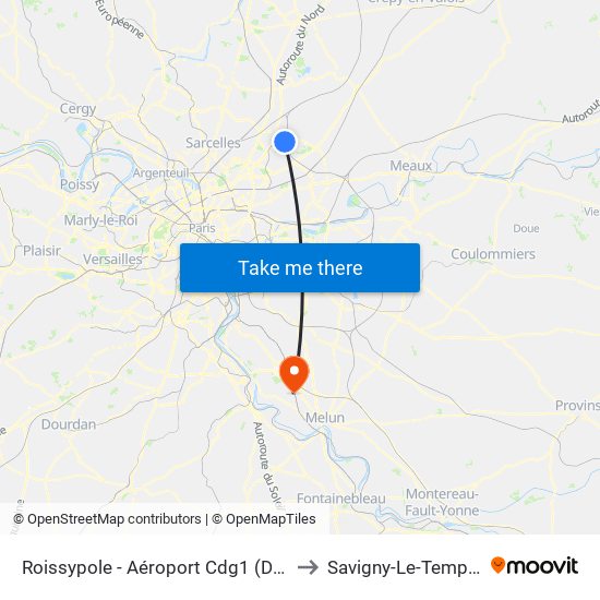 Roissypole - Aéroport Cdg1 (D1) to Savigny-Le-Temple map