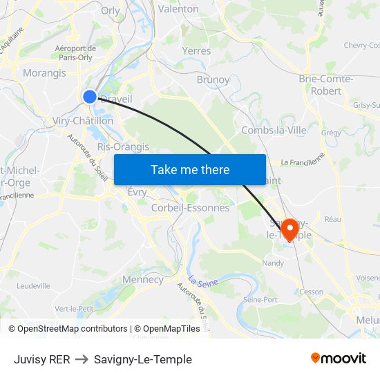 Juvisy RER to Savigny-Le-Temple map