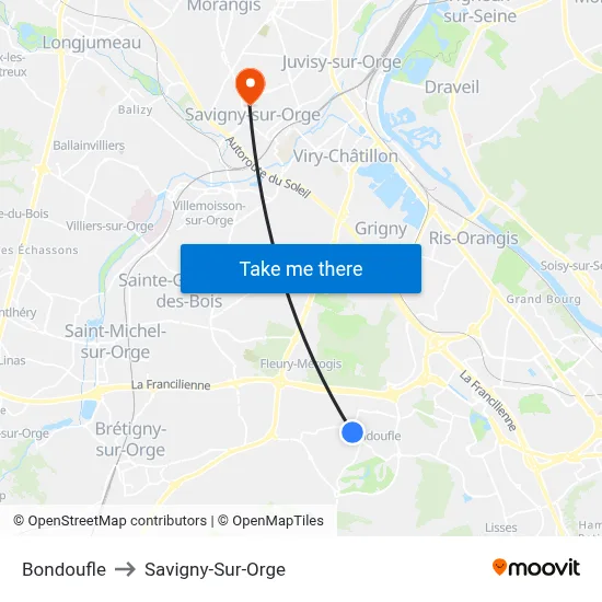 Bondoufle to Savigny-Sur-Orge map