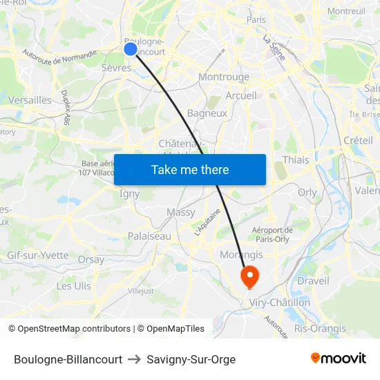 Boulogne-Billancourt to Savigny-Sur-Orge map