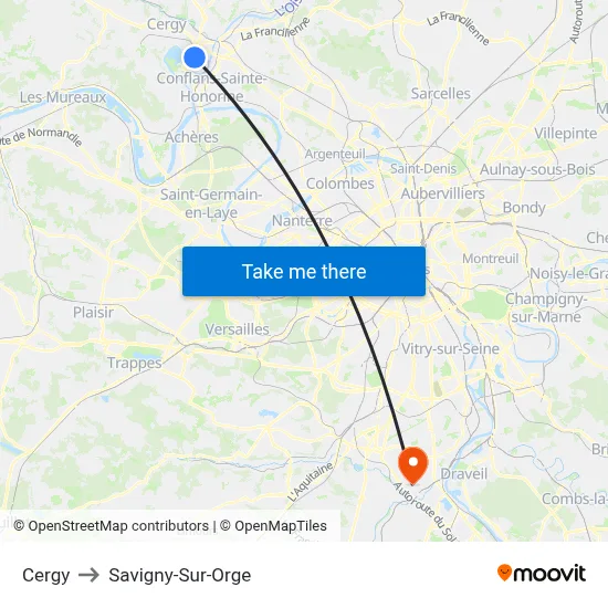 Cergy to Savigny-Sur-Orge map
