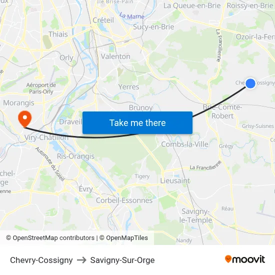 Chevry-Cossigny to Savigny-Sur-Orge map