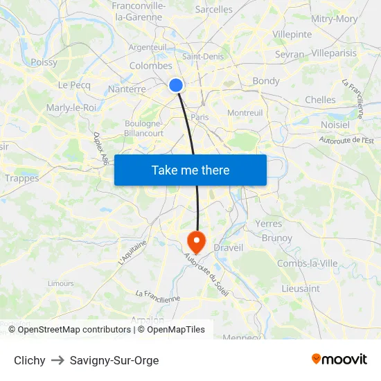 Clichy to Savigny-Sur-Orge map