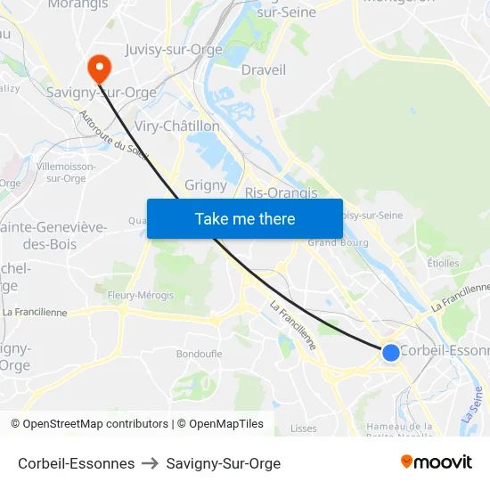 Corbeil-Essonnes to Savigny-Sur-Orge map