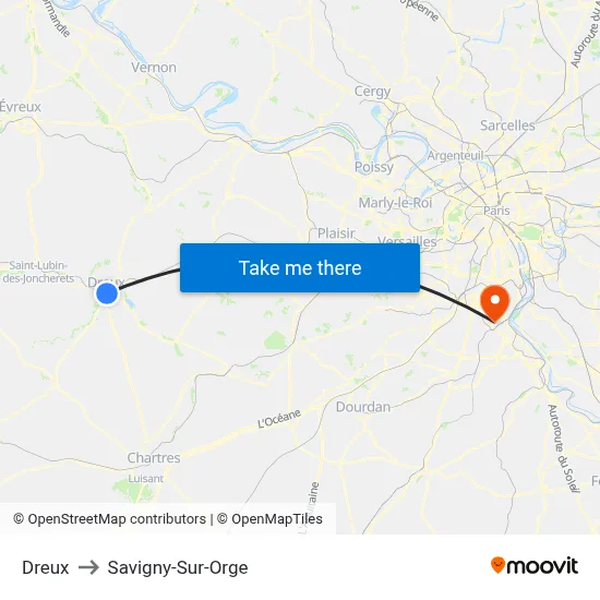 Dreux to Savigny-Sur-Orge map
