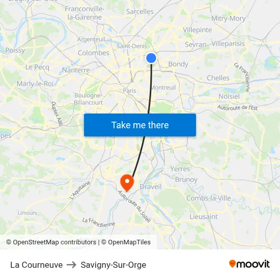 La Courneuve to Savigny-Sur-Orge map