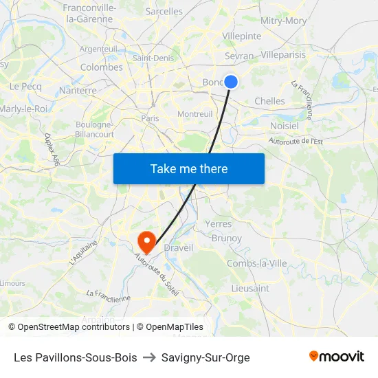 Les Pavillons-Sous-Bois to Savigny-Sur-Orge map