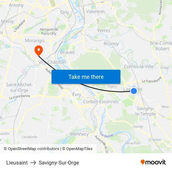 Lieusaint to Savigny-Sur-Orge map