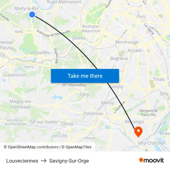 Louveciennes to Savigny-Sur-Orge map