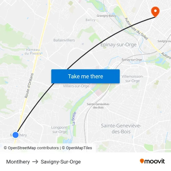 Montlhery to Savigny-Sur-Orge map