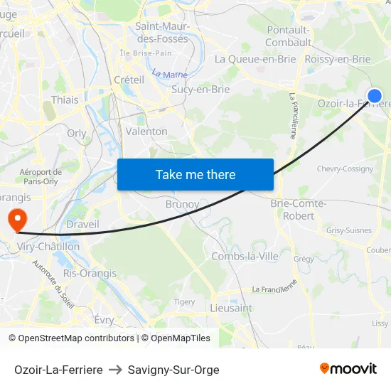 Ozoir-La-Ferriere to Savigny-Sur-Orge map