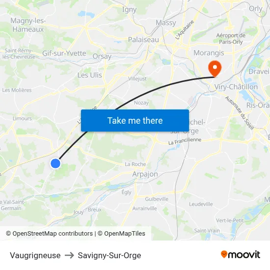 Vaugrigneuse to Savigny-Sur-Orge map