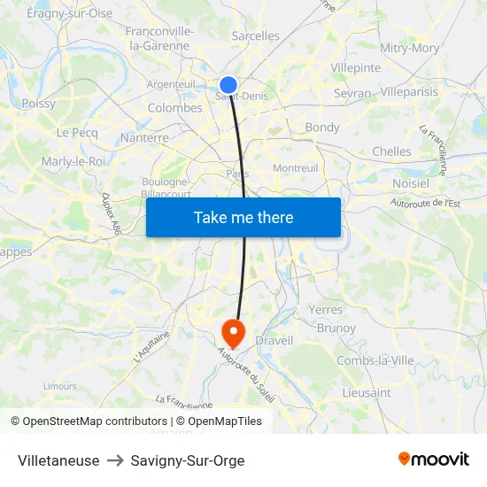 Villetaneuse to Savigny-Sur-Orge map