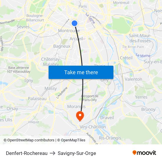 Denfert-Rochereau to Savigny-Sur-Orge map