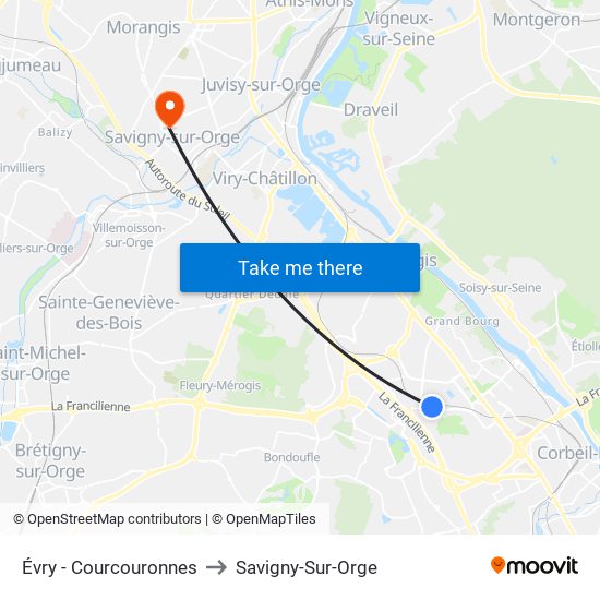 Évry - Courcouronnes to Savigny-Sur-Orge map