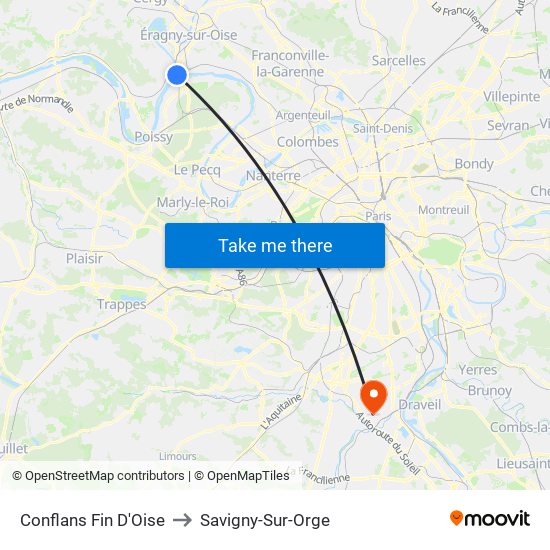 Conflans Fin D'Oise to Savigny-Sur-Orge map