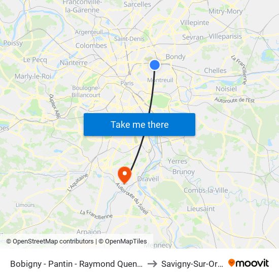 Bobigny - Pantin - Raymond Queneau to Savigny-Sur-Orge map