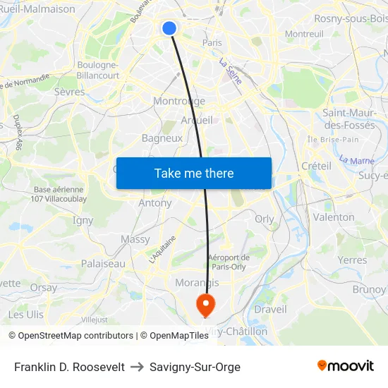 Franklin D. Roosevelt to Savigny-Sur-Orge map