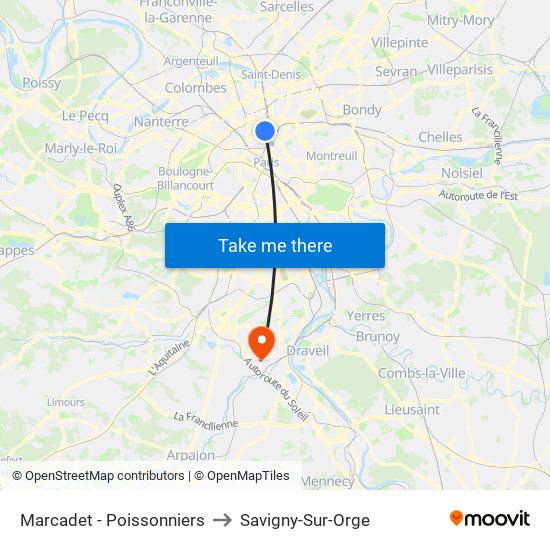 Marcadet - Poissonniers to Savigny-Sur-Orge map