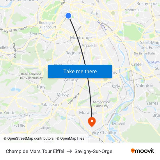 Champ de Mars Tour Eiffel to Savigny-Sur-Orge map