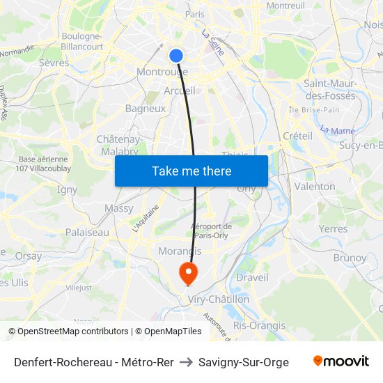 Denfert-Rochereau - Métro-Rer to Savigny-Sur-Orge map