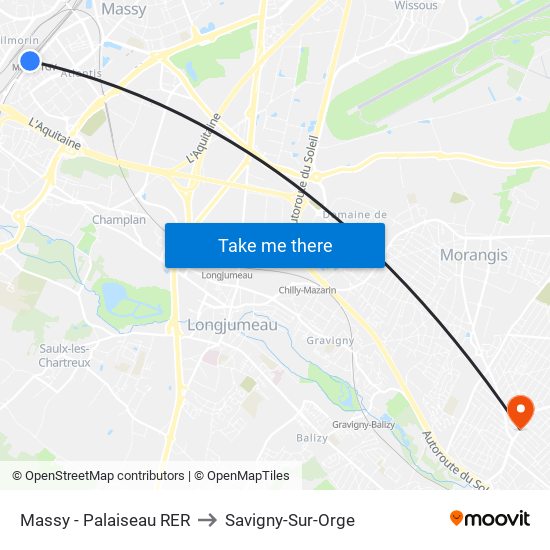 Massy - Palaiseau RER to Savigny-Sur-Orge map