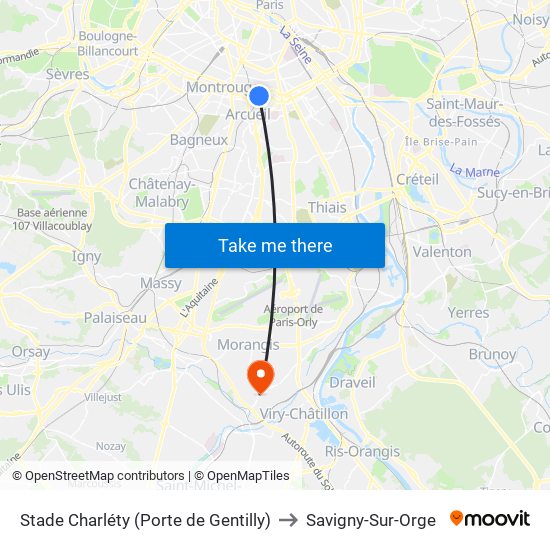 Stade Charléty (Porte de Gentilly) to Savigny-Sur-Orge map