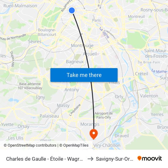 Charles de Gaulle - Étoile - Wagram to Savigny-Sur-Orge map