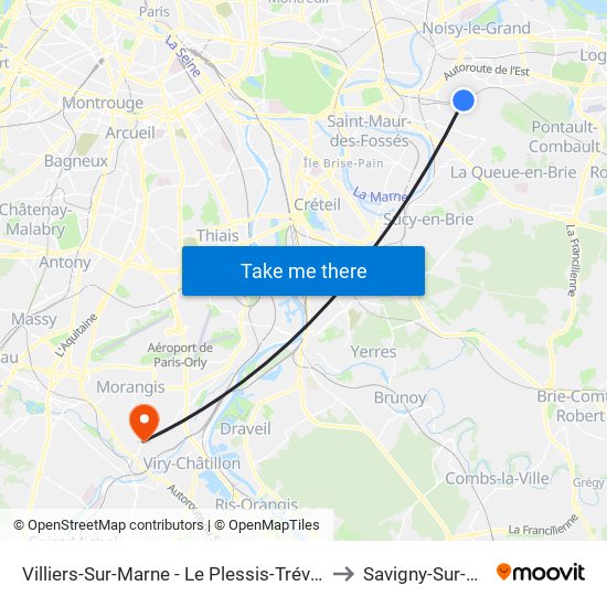 Villiers-Sur-Marne - Le Plessis-Trévise RER to Savigny-Sur-Orge map