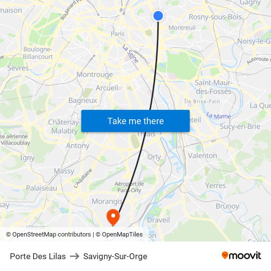 Porte Des Lilas to Savigny-Sur-Orge map