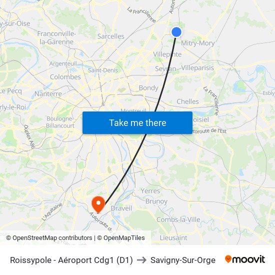Roissypole - Aéroport Cdg1 (D1) to Savigny-Sur-Orge map