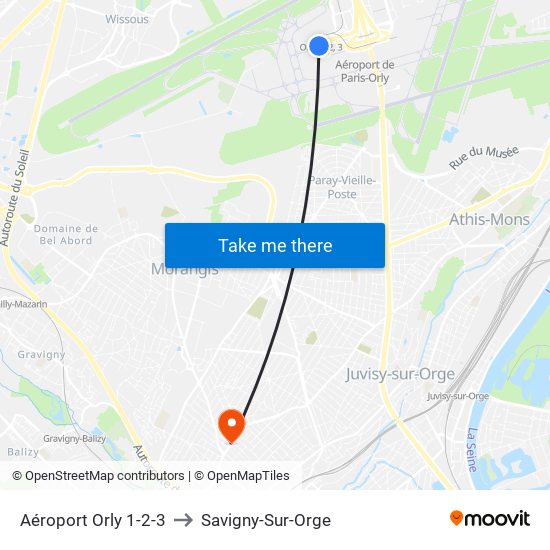 Aéroport Orly 1-2-3 to Savigny-Sur-Orge map