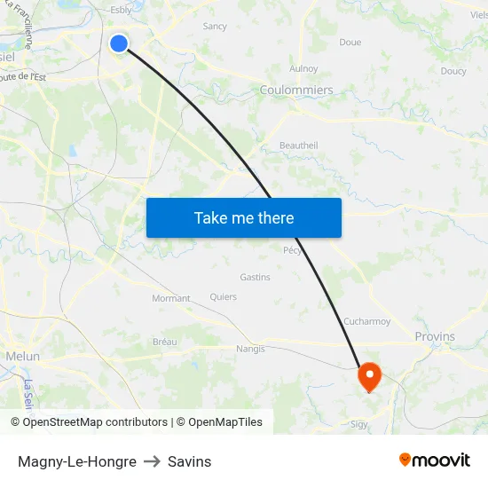 Magny-Le-Hongre to Savins map