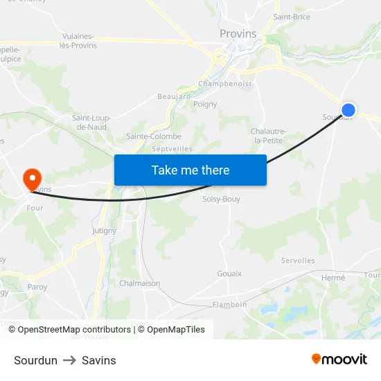 Sourdun to Savins map