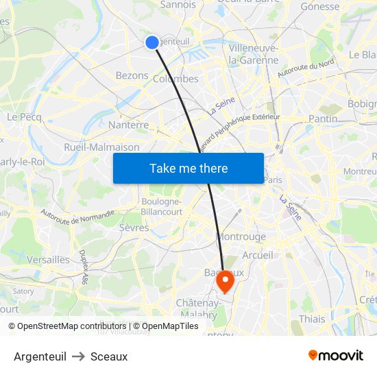 Argenteuil to Sceaux map