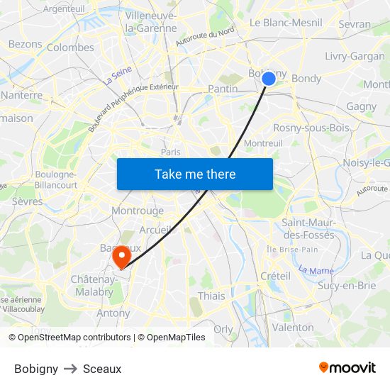 Bobigny to Sceaux map