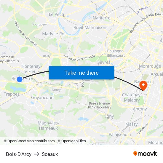 Bois-D'Arcy to Sceaux map