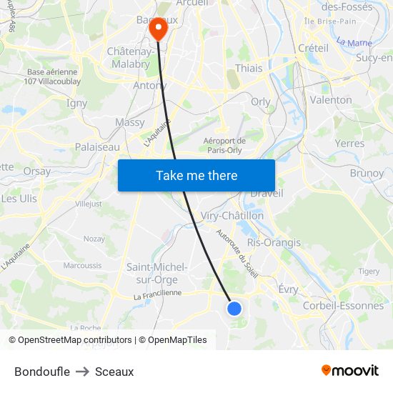 Bondoufle to Sceaux map