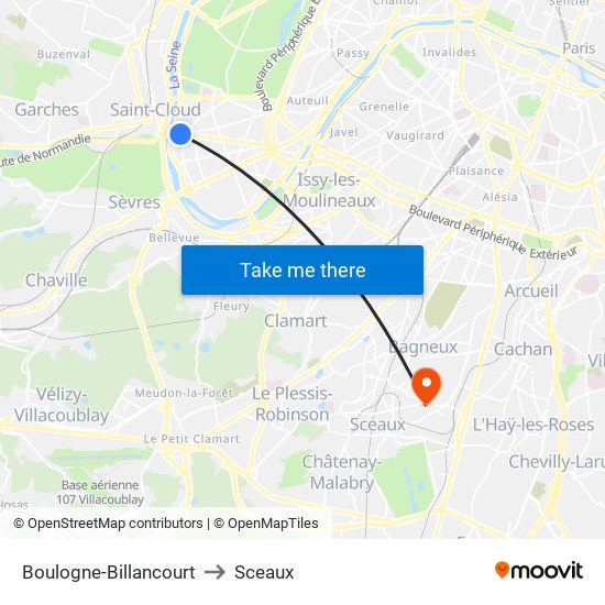 Boulogne-Billancourt to Sceaux map