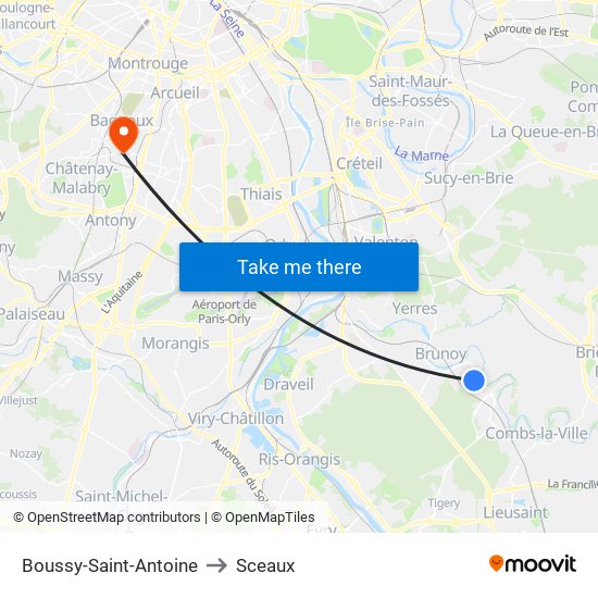 Boussy-Saint-Antoine to Sceaux map