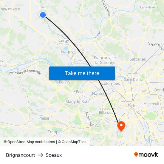 Brignancourt to Sceaux map