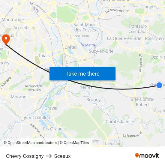 Chevry-Cossigny to Sceaux map