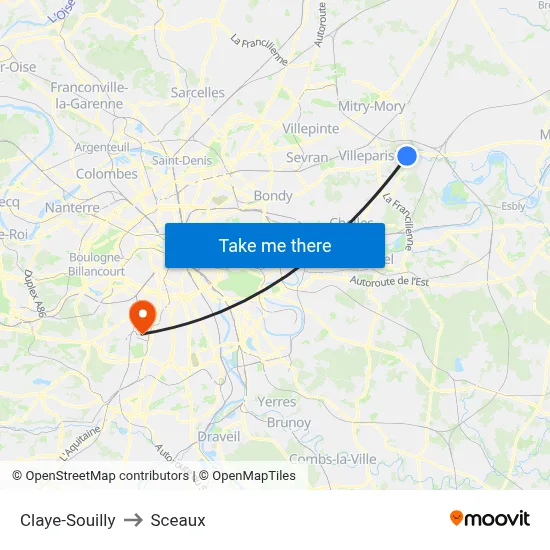 Claye-Souilly to Sceaux map