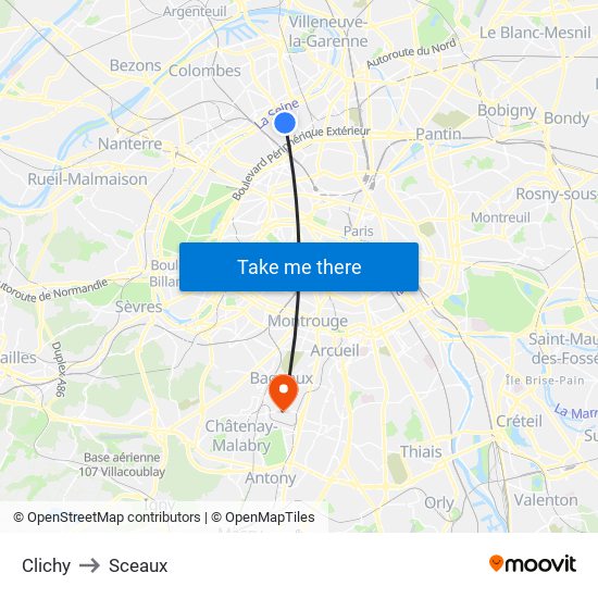 Clichy to Sceaux map