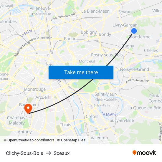 Clichy-Sous-Bois to Sceaux map