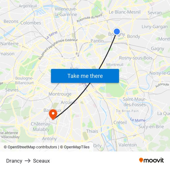 Drancy to Sceaux map